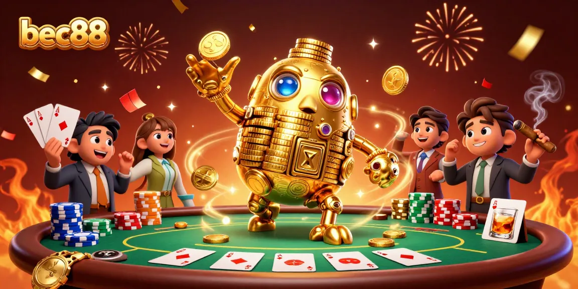 Experience exciting gameplay with bec88, featuring a golden golem and poker elements in a vibrant casino scene.