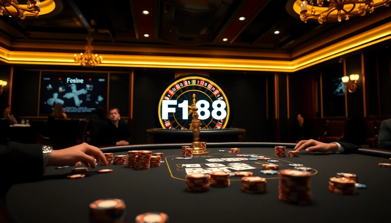 Experience the excitement of gambling at F168's elegant casino table with chips and cards.