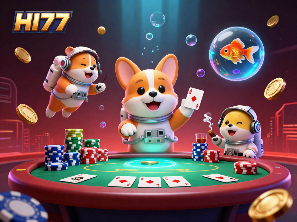 HI77 brings excitement to players as they gamble with poker chips and gold coins inside a space-themed casino.