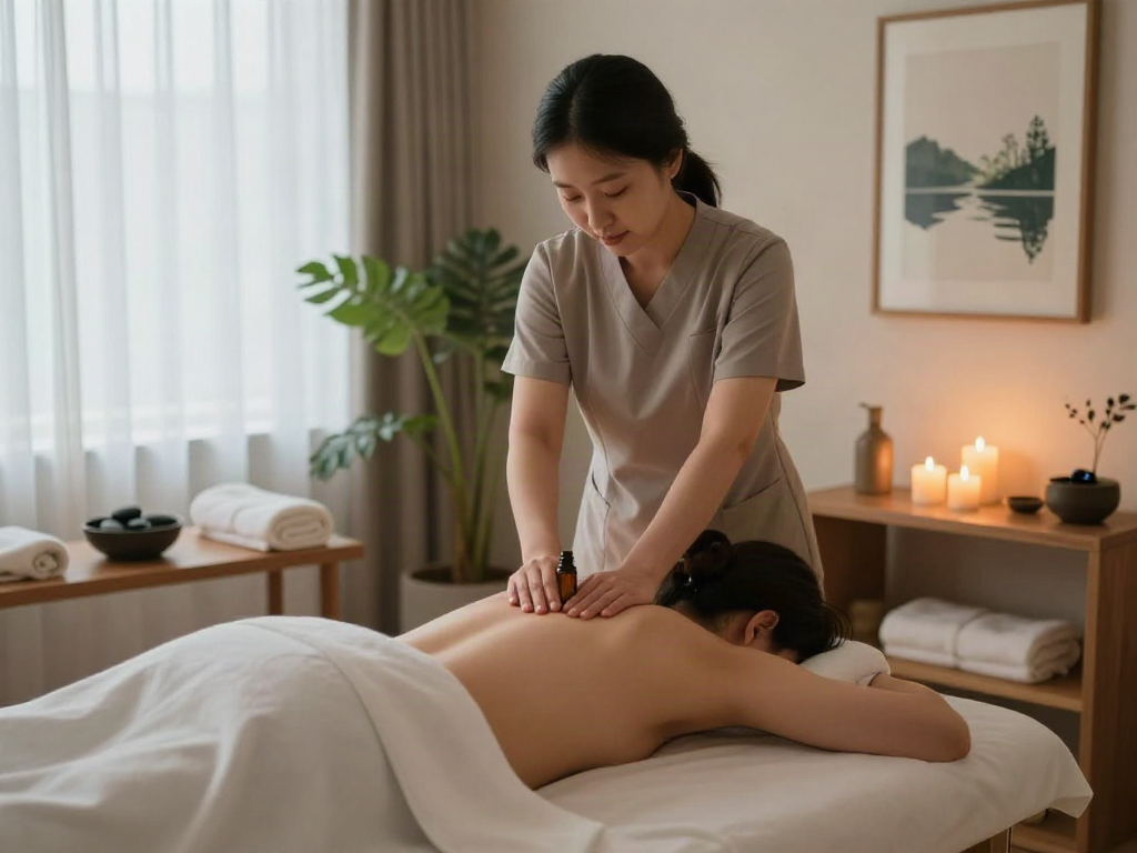 Experience 부천출장안마 relaxation with a soothing massage therapy scene in a tranquil wellness center.