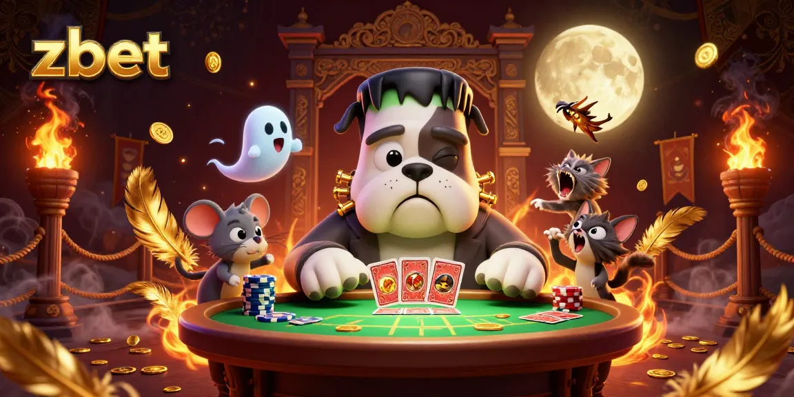 Engage in thrilling games at zbet with a cartoon Frankenstein bulldog dealer and ghostly elements.