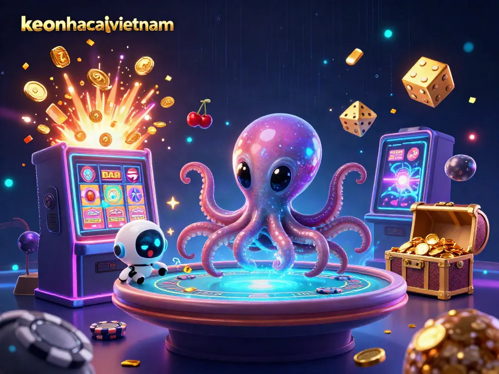 Experience the thrill of gaming with keonhacaivietnam's vibrant casino scene featuring an alien octopus and casino elements.
