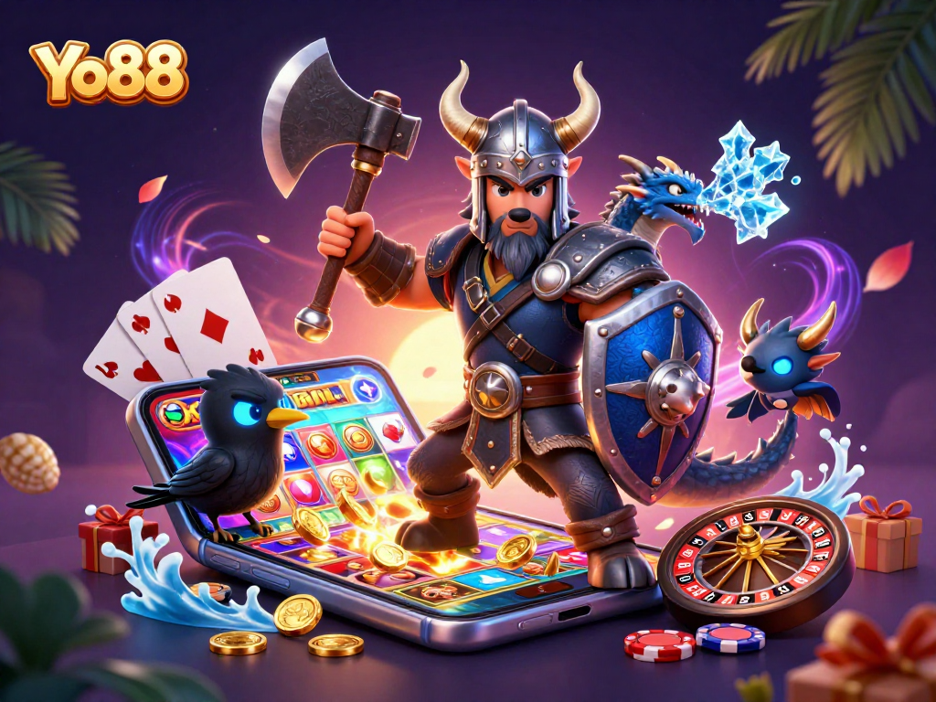 Spin and win big with Yo88 in this vibrant 3D casino illustration showcasing thrilling gaming elements.