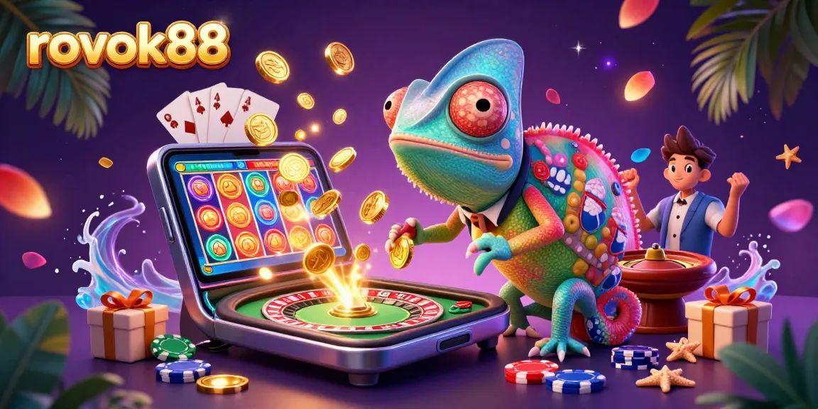 Engage in thrilling games with rokok88's vibrant chameleon casino scene, brimming with colorful elements.
