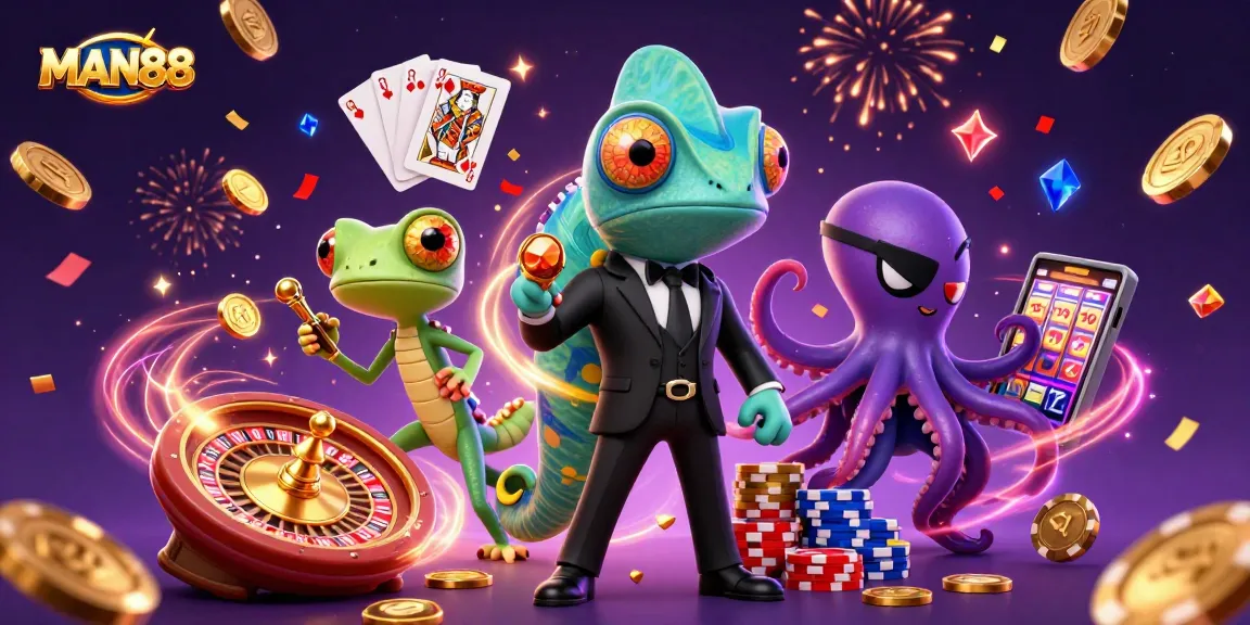 Spin and win at MAN88 with 3D cartoon characters celebrating casino games!