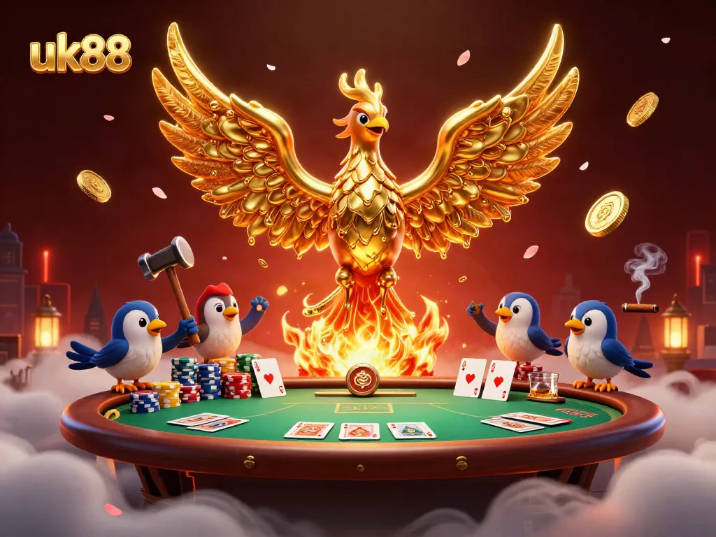 Experience captivating gameplay at uk88 with a molten golden phoenix transforming into coins amidst a rich casino setting.