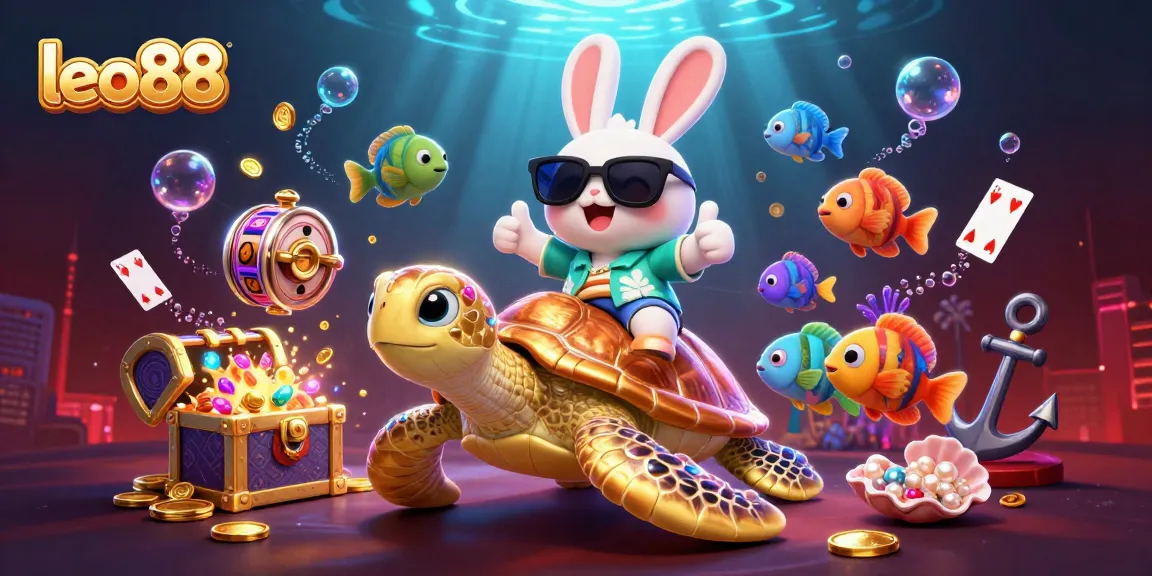 Experience the fun at leo88 with a vibrant 3D illustration of a lucky rabbit and golden sea turtle amidst rich slots action.