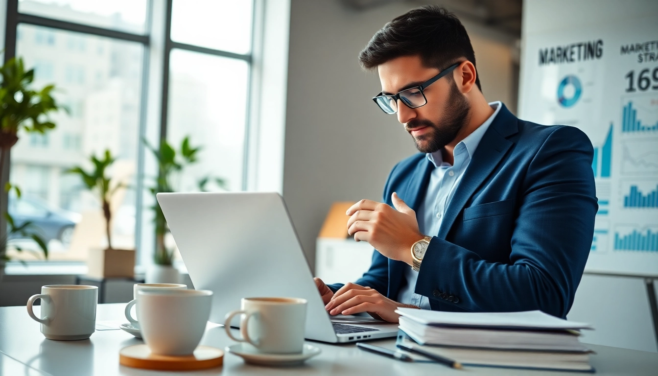 Marketer analyzing data for hubspot marketing email campaigns in a modern office setting.