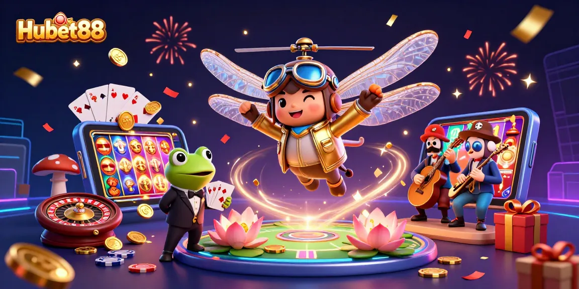 Experience the thrill of Hubet88 with a vibrant casino scene featuring a dragonfly pilot, frog croupier, and more.