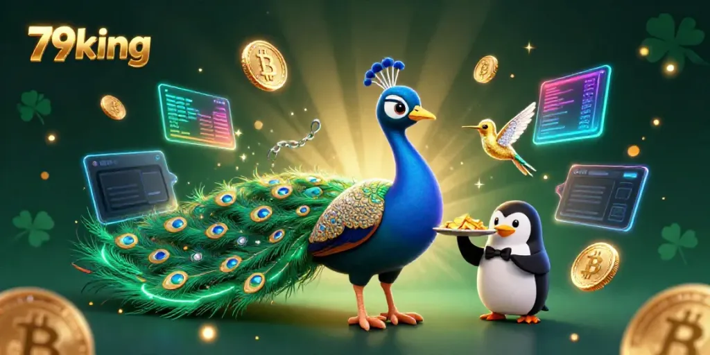 Experience gaming excitement at 79king with colorful characters and crypto elements within a vibrant casino scene.