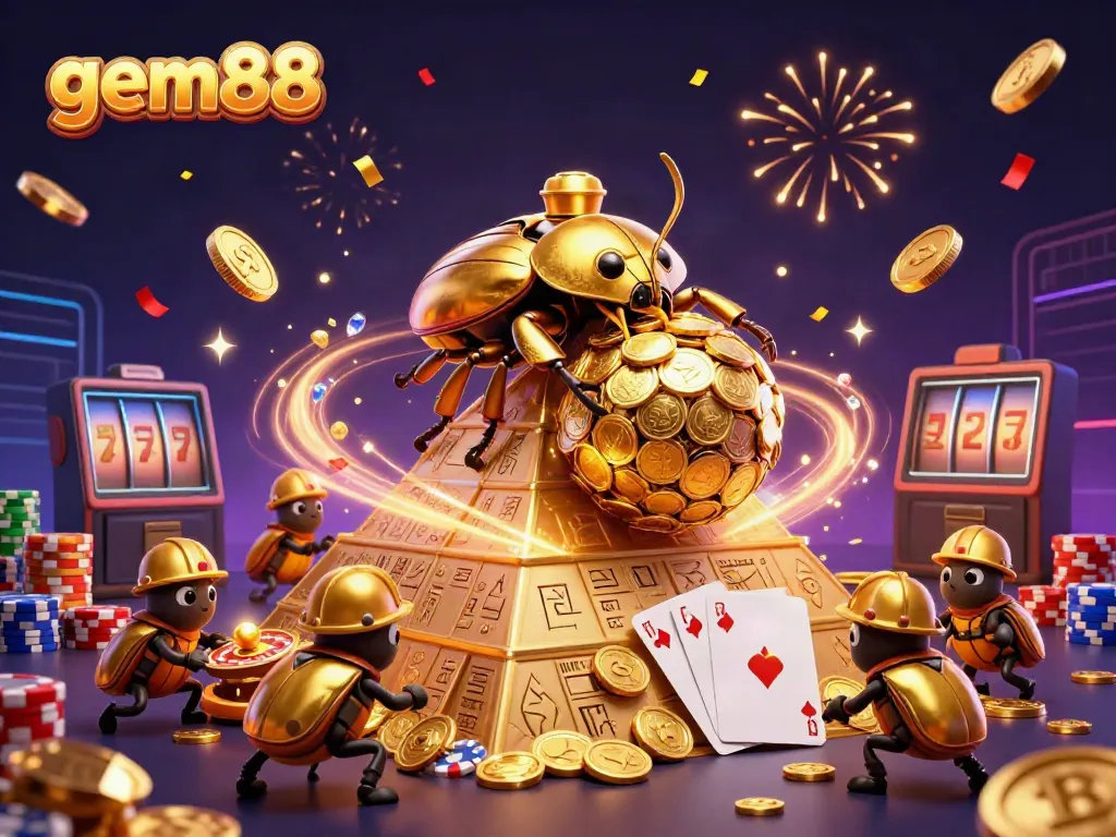 Spin and win at gem88 with golden coins and vibrant casino elements, celebrating big wins!