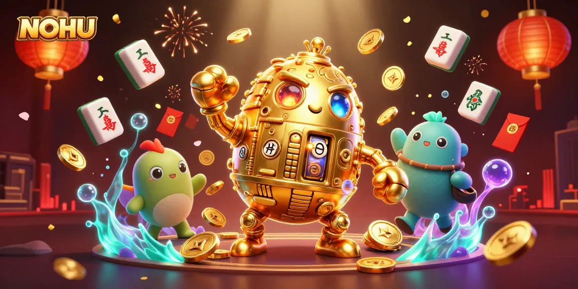 Engage in thrilling NOHU casino games with a vibrant illustration featuring a golden golem and dynamic gameplay elements.