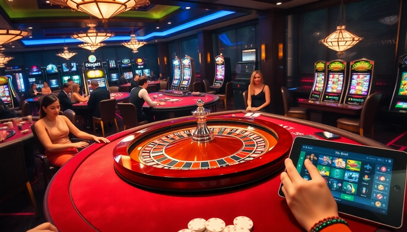 Players enjoying a vibrant OK365 casino scene with roulette, poker, and slots.