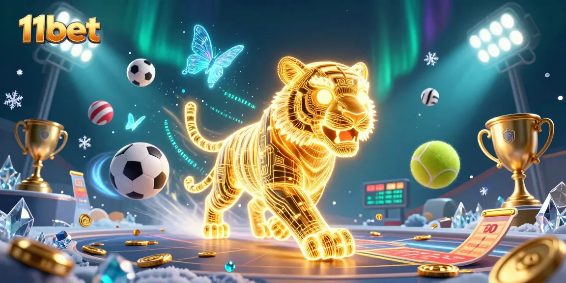 Win in sports betting with 11bet: Golden tiger and dynamic sports elements in vibrant casino scene.