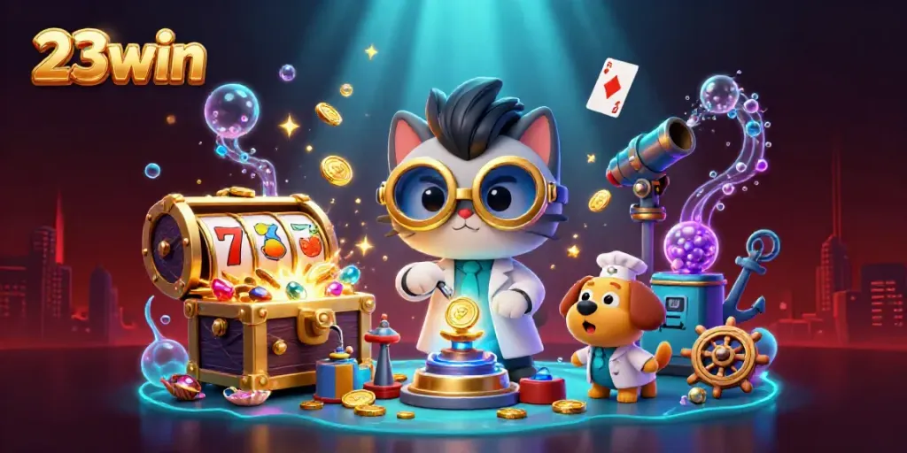 Enjoy thrilling gameplay at 23win with a mad scientist cat and explosive treasures in a vibrant casino setting.