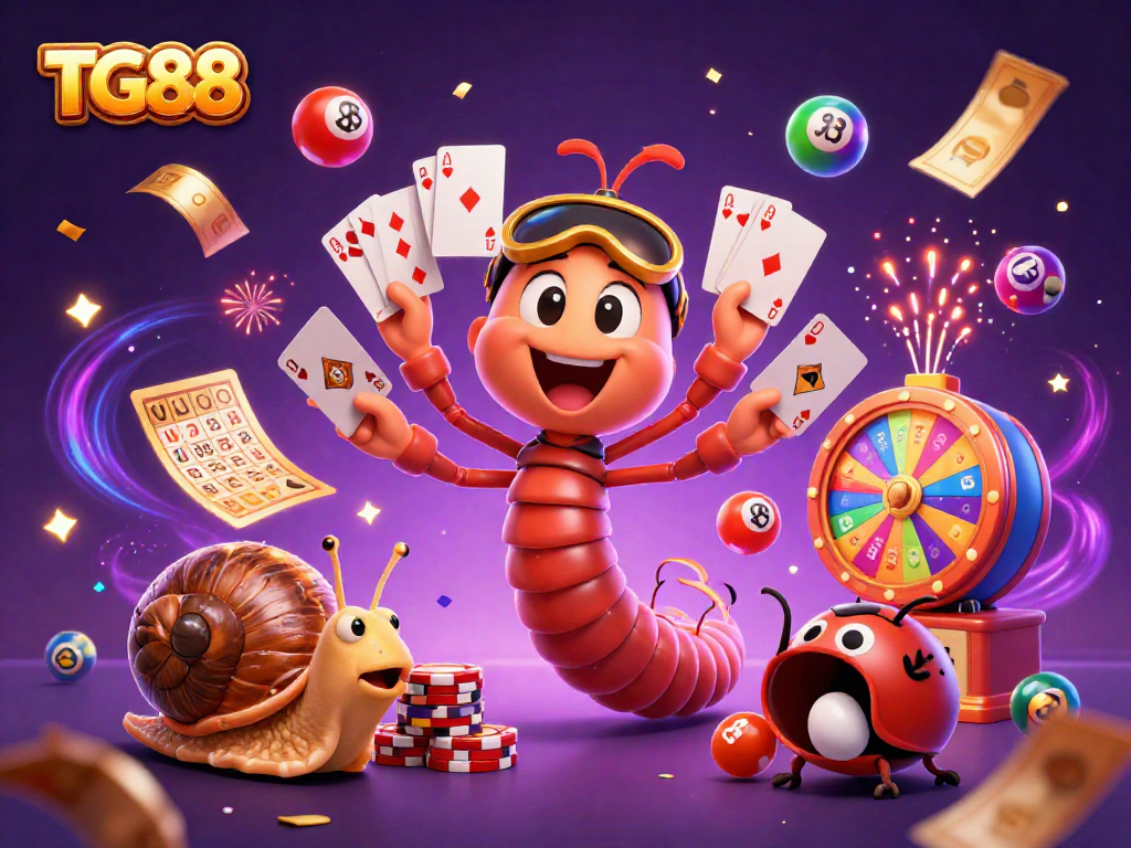 Experience the excitement of TG88 as a cartoon millipede dealer and high-roller characters create a vibrant casino scene.