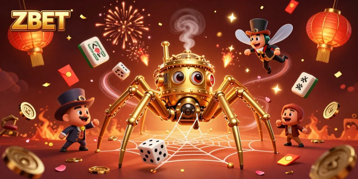 ZBET showcases a golden spider webbing luck in this vibrant 3D casino scene.