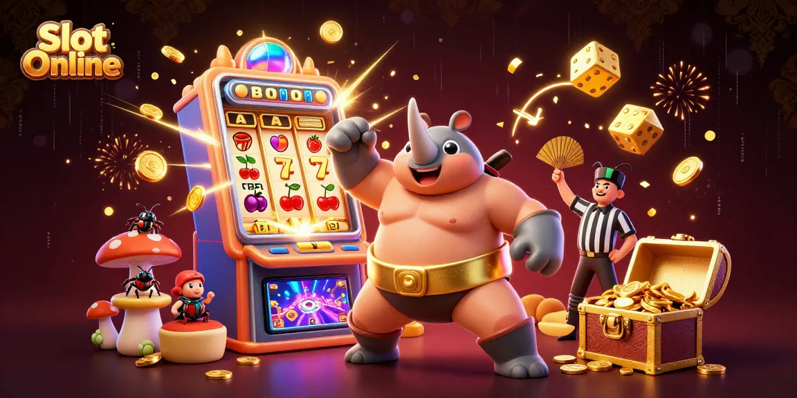Experience the thrill of Slot Online with a beetle champion stomping coins and jackpots erupting in this vibrant 3D scene.