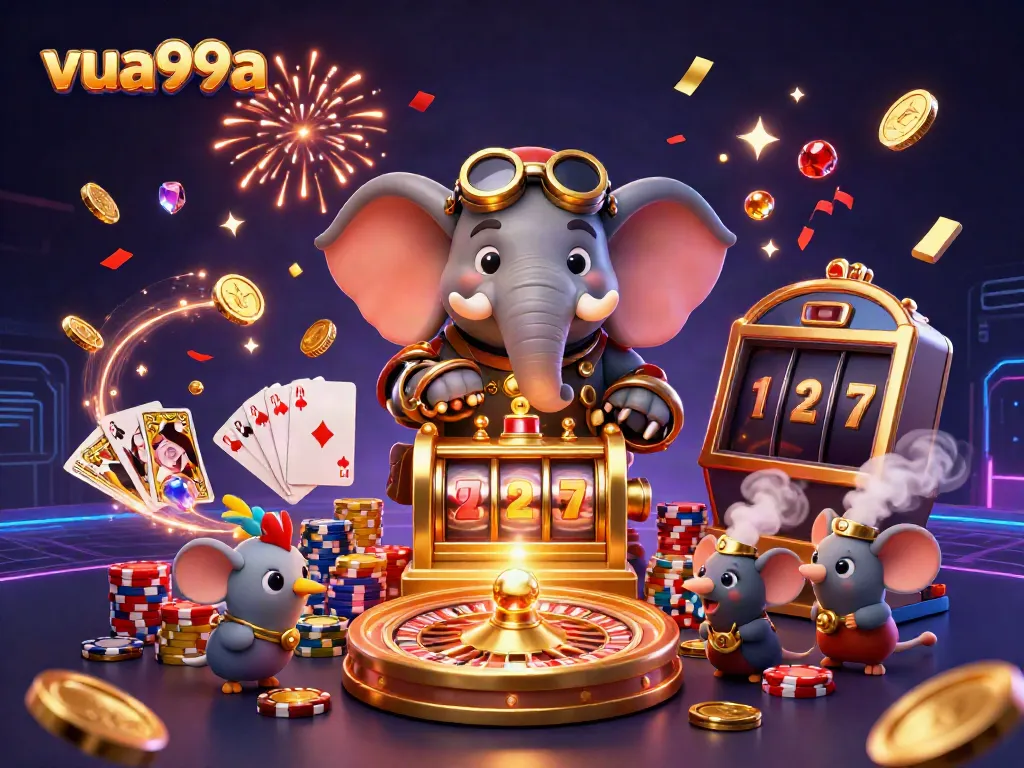Experience the thrill of gaming at vua99a with a dynamic illustration featuring a steampunk elephant and vibrant casino elements.