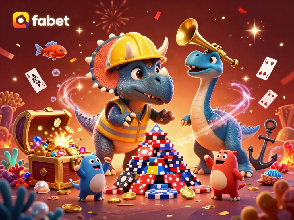 Experience the excitement of gambling with fabet through a vibrant 3D casino illustration filled with characters and celebration.