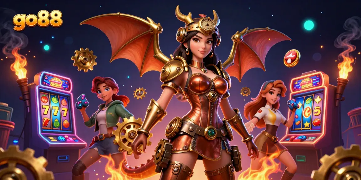 Join the excitement at go88 with a captivating 3D casino illustration showcasing vibrant slot games and rich graphics.