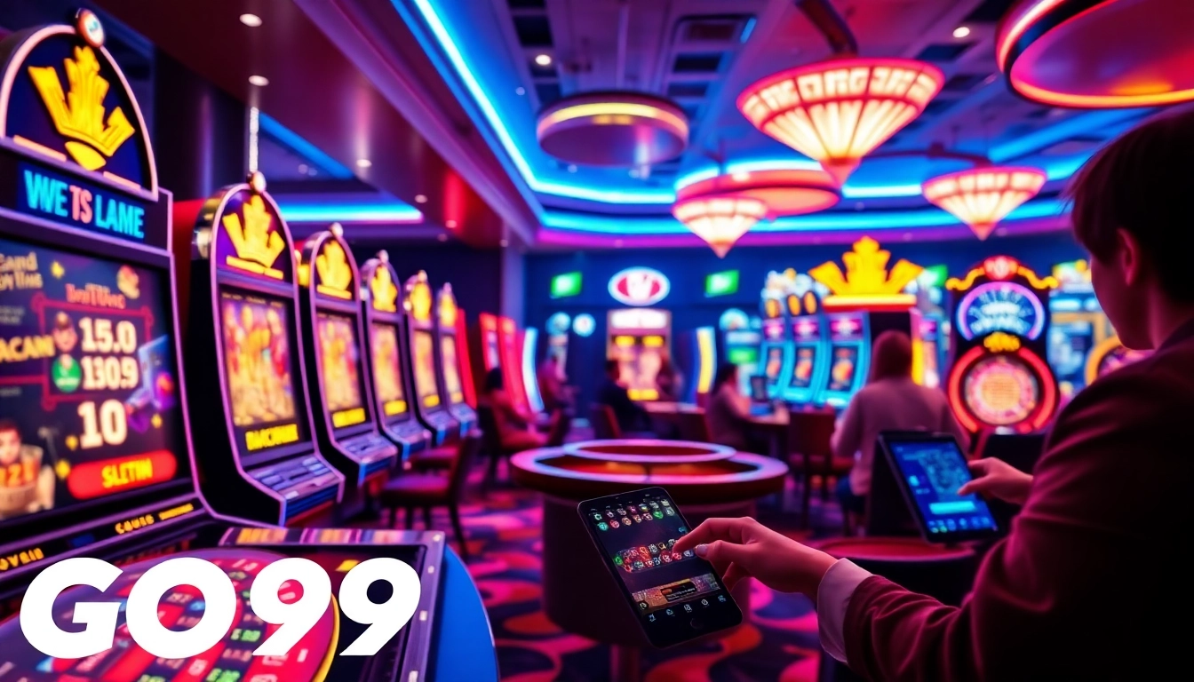Exciting online betting scene showcasing GO99's vibrant casino games and sleek mobile devices.