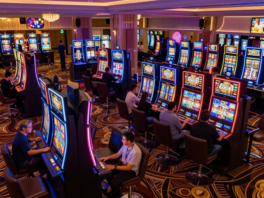 Exciting slot machine gameplay at 789 casino floor featuring vibrant lights and eager players
