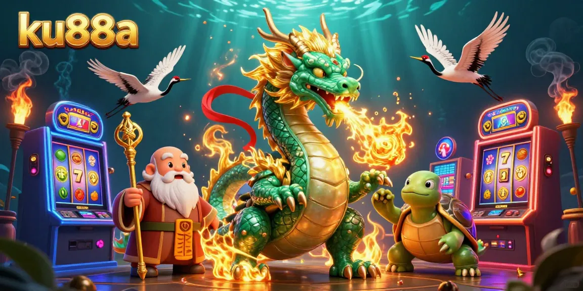 Spin and win on ku88a with a vibrant casino scene featuring mythical characters and slot machine action.