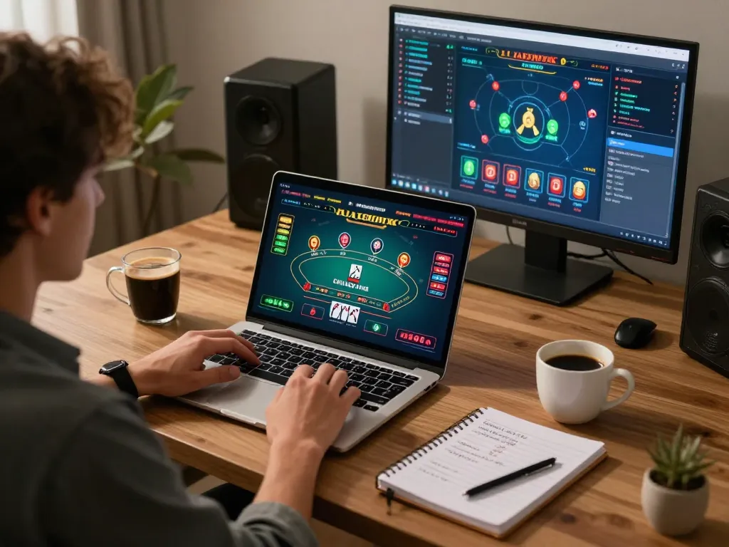 79king player enjoying online blackjack in cozy home office with strategic notes.