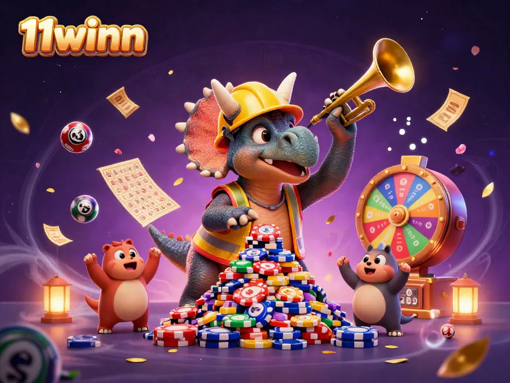 Experience the excitement of 11winn with a playful scene of a triceratops and friends celebrating gambling.