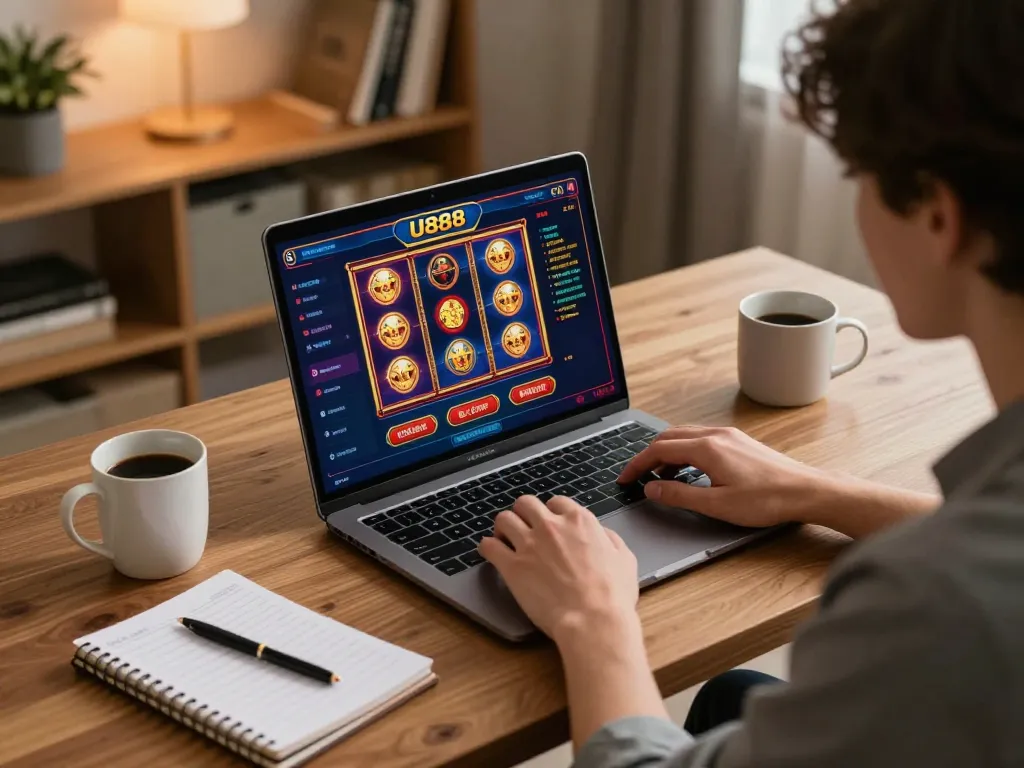 Engaging online slot gameplay on U888 from a cozy home setting, highlighting strategic gaming.