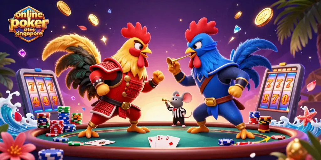 Experience thrilling action with online poker sites Singapore featuring fighting roosters and vibrant casino elements.