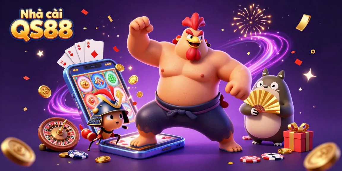 Play exciting games at Nhà cái QS88, featuring vibrant slot reels and dynamic 3D characters.