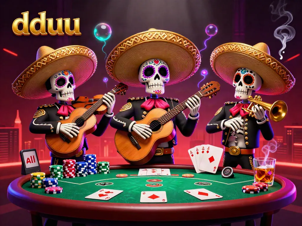 Engage with dduu's lively casino action featuring Day of the Dead skeleton mariachi musicians amidst vibrant poker elements.