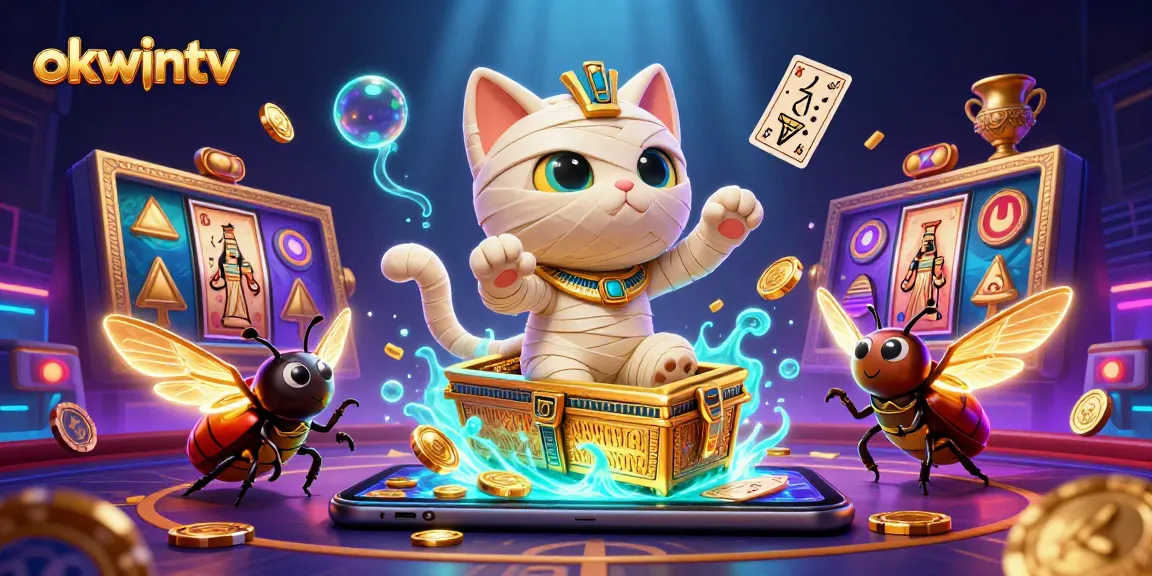 Experience thrilling betting with okwintv featuring a cartoon mummy cat in a pyramid casino.