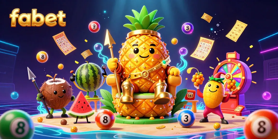 Fabet's vibrant beach casino scene featuring lottery balls, a golden pineapple king, and dynamic gaming elements.