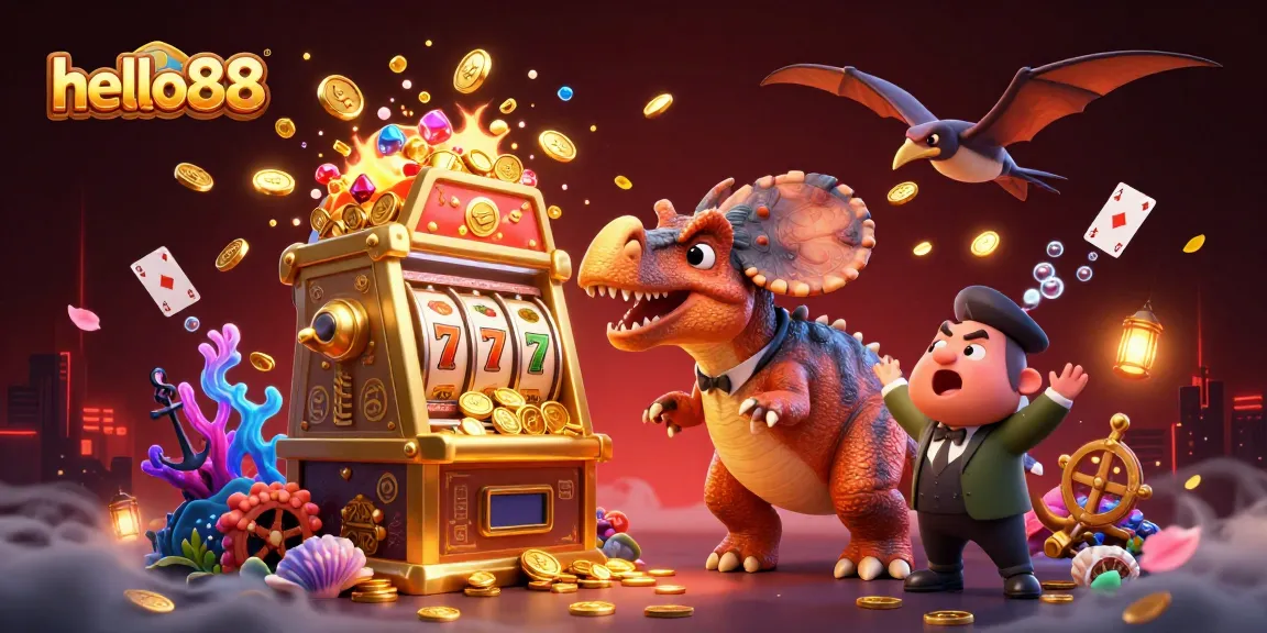 hello88 attracts players with a vibrant 3D scene featuring a dinosaur hitting a jackpot slot machine.