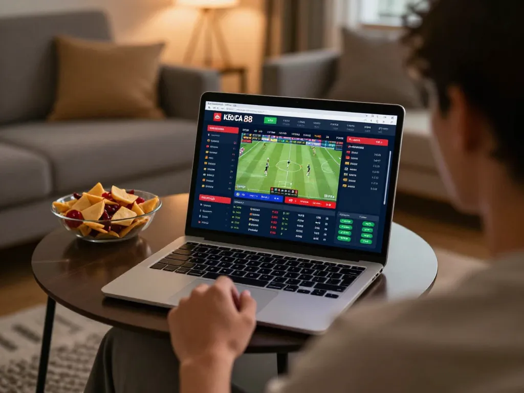 Kèo nhà cái 88 user engaged in online sports betting on a laptop in a cozy living room atmosphere.