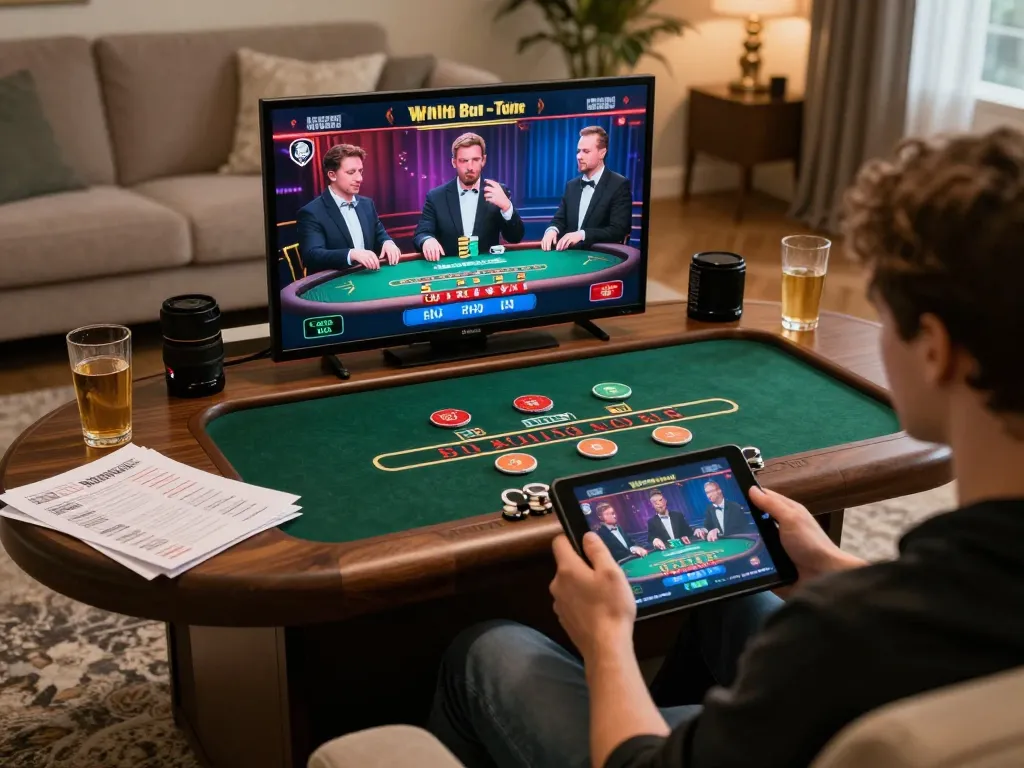Experience exciting gameplay on luckywin through a cozy home setting with tablet and poker notes