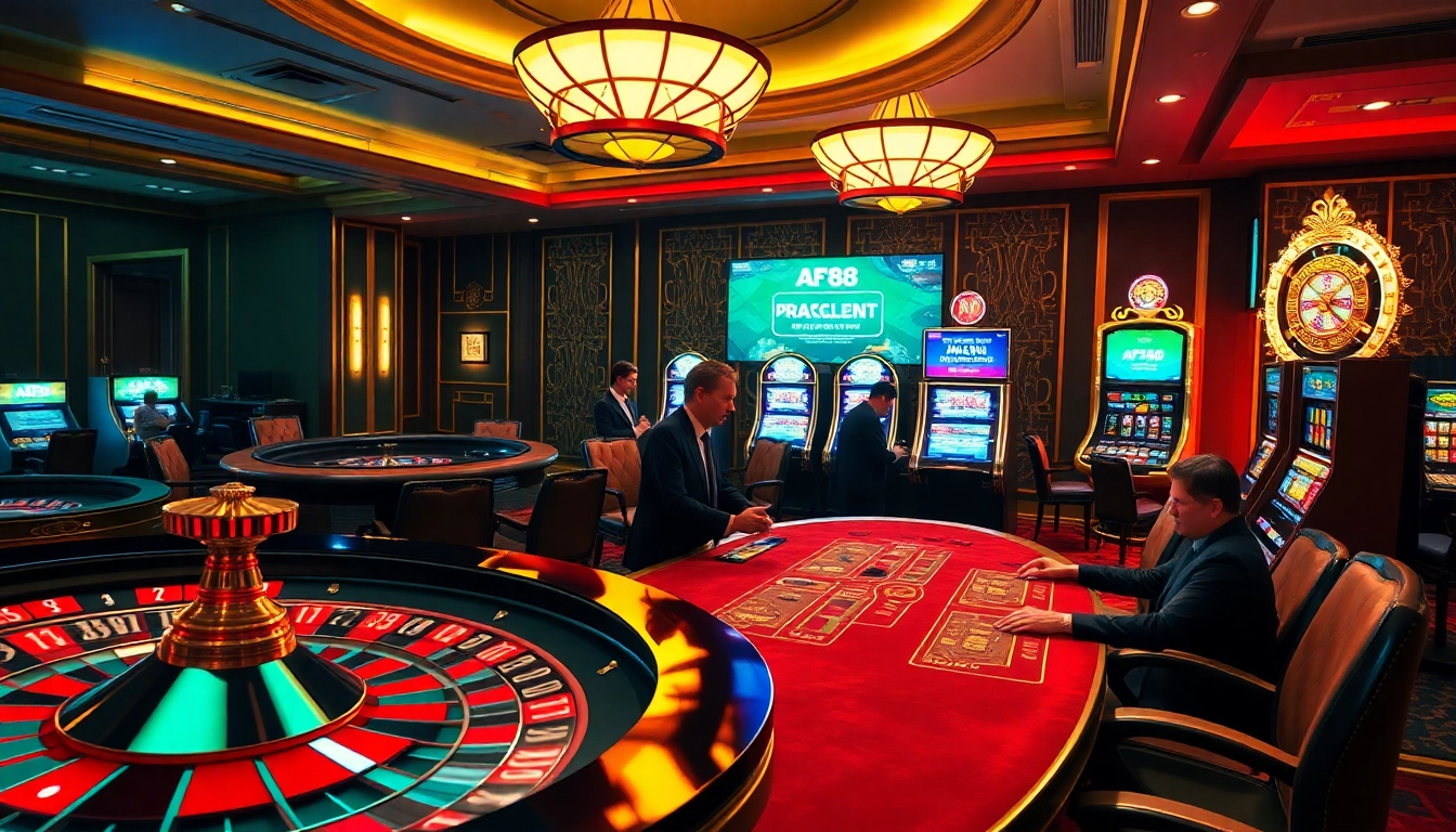 AF88 đăng nhập at an upscale casino table with a luxurious roulette wheel and engaged gamblers.