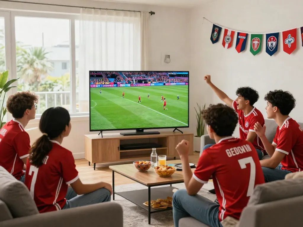 Group enjoying football match on GangvangTV in a cozy living room.
