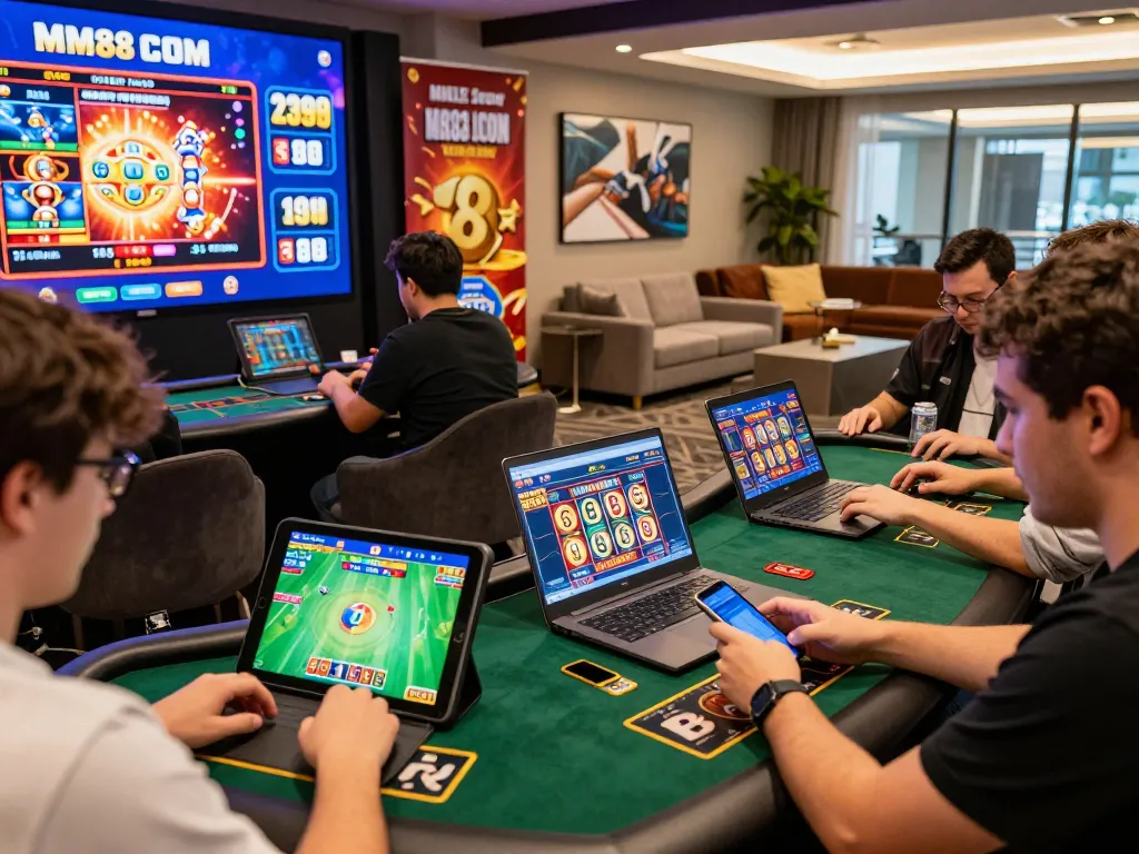 Interactive online gambling scene at MM88 COM with players engaging in games and betting options in a vibrant atmosphere.