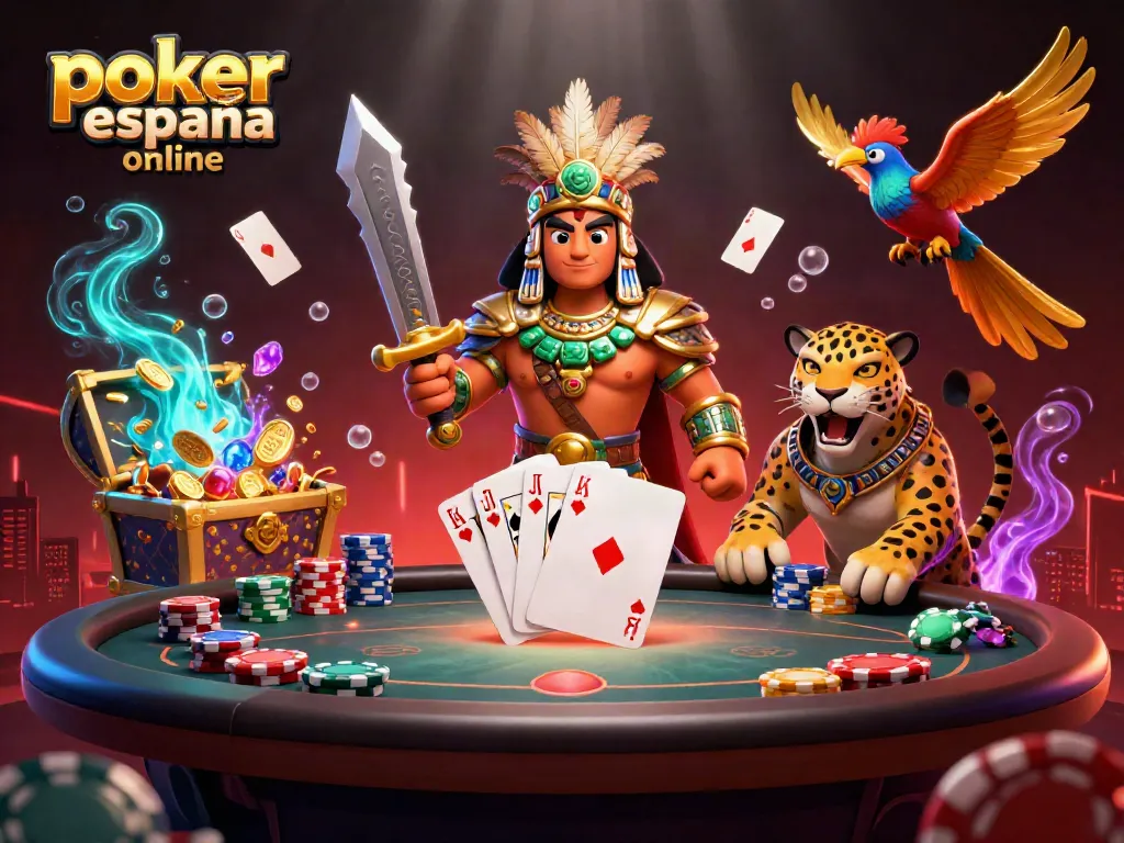 Disfruta del póker en línea en España con guerreros y cartas en una escena vibrante.