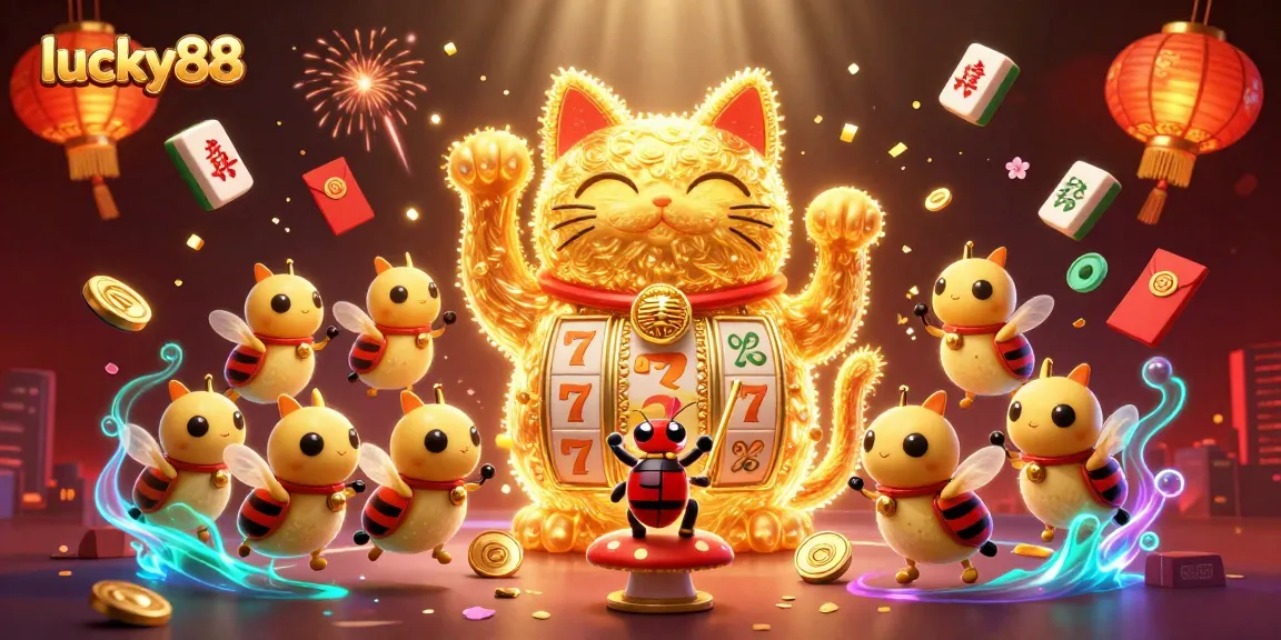Lucky88 players spin vibrant slot reels with a stunning golden lucky cat illustration.