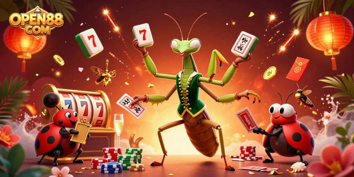 Win big at OPEN88 COM with vibrant 3D casino characters playing cards, surrounded by dynamic gaming elements.