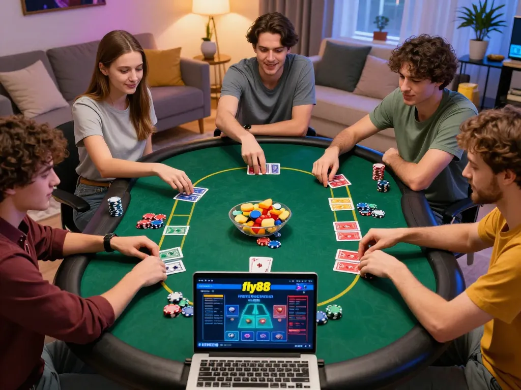 Friends placing bets on fly88 com poker game during a lively home gaming night.