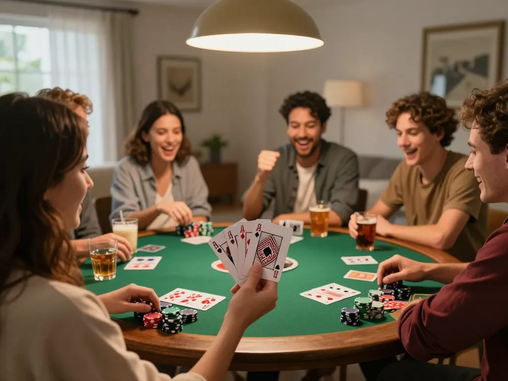 Players celebrating a winning moment at a SC88 poker game in a cozy home environment.