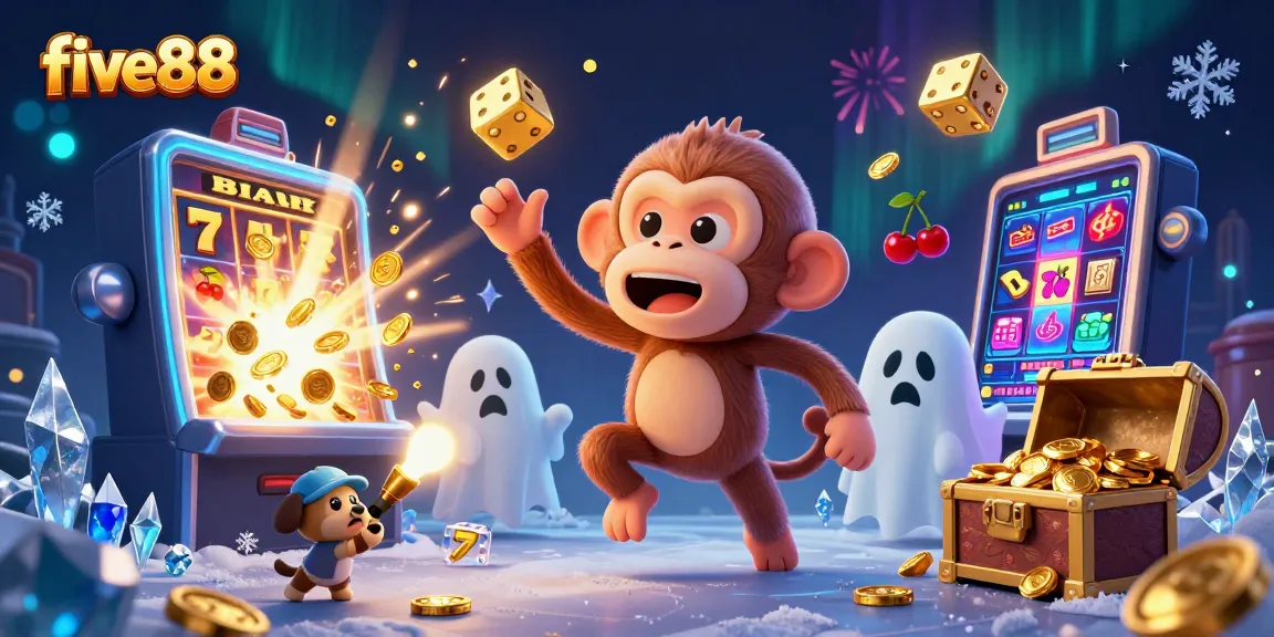 Experience five88 with a dynamic casino scene featuring a playful poltergeist monkey and a ghost-hunter puppy.