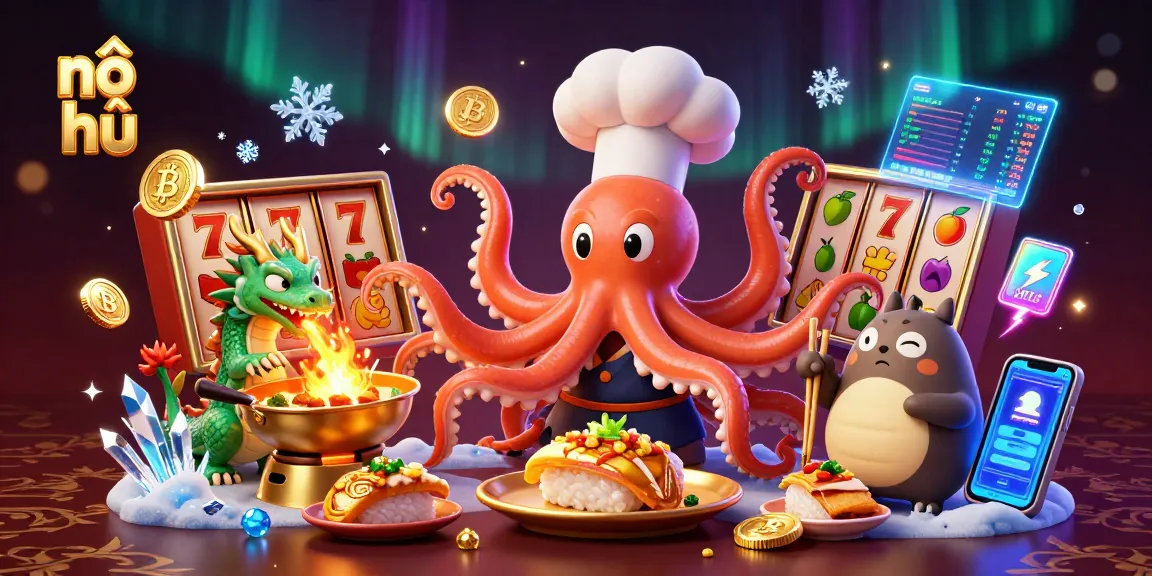 Engage with nổ hũ in a vibrant 3D casino scene featuring a sushi chef octopus, dragon, and tanuki.