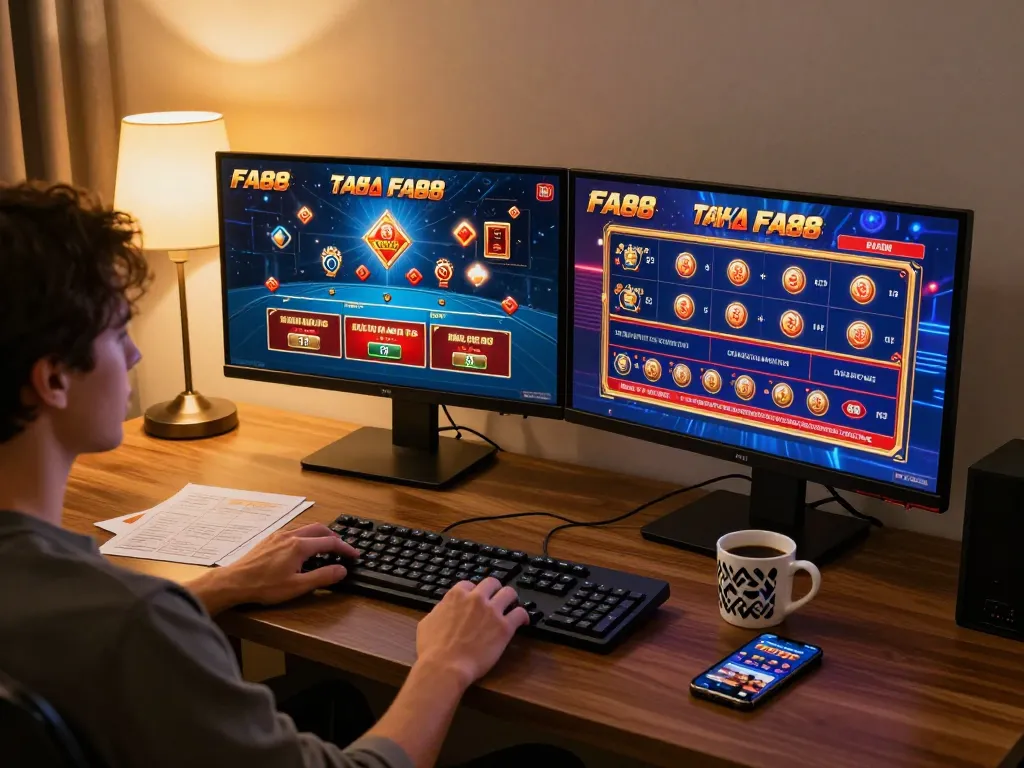 Player engaging with FA88 casino games on dual monitors in a cozy home setup